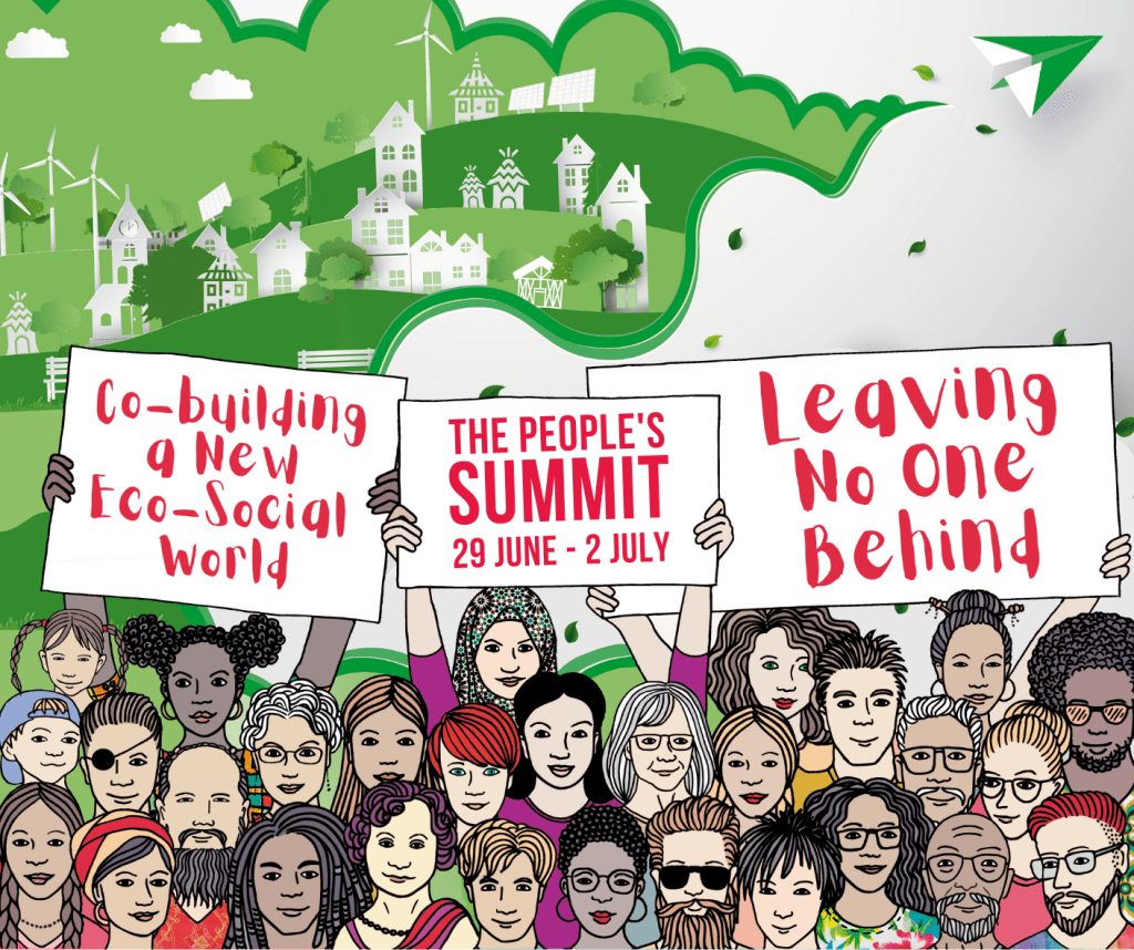 Eco-social World banner: The People's Summit- "Leaving No One Behind"